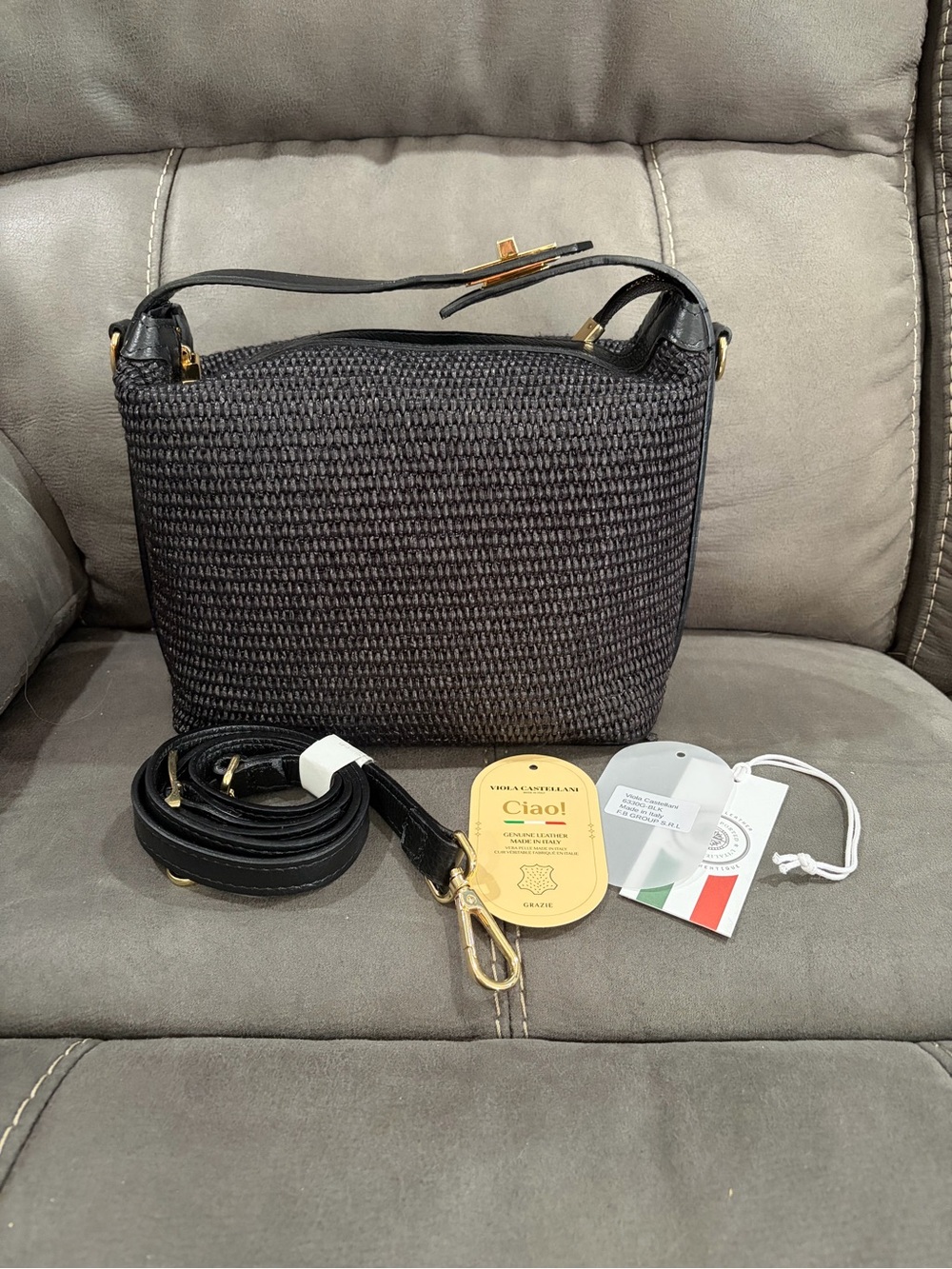 Viola Castellani Woven Black Crossbody Bag with Gold Hardware